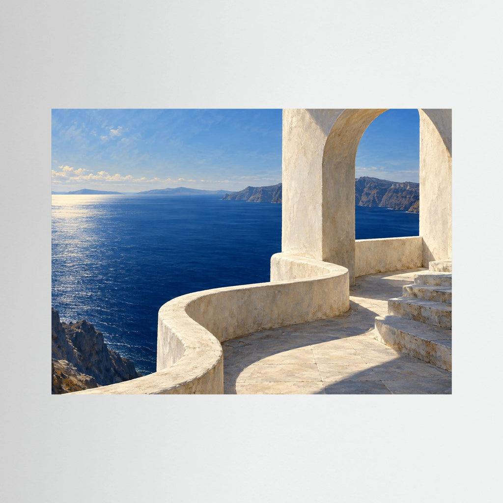 The Sea Terrace — Elfenbeinfarbener Steinbogen und sonnige Terrasse über kobaltblauem Meer