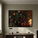Paradise After Dark — Bird-of-paradise flowers and lush plants beside a glowing lamp, canvas wall art