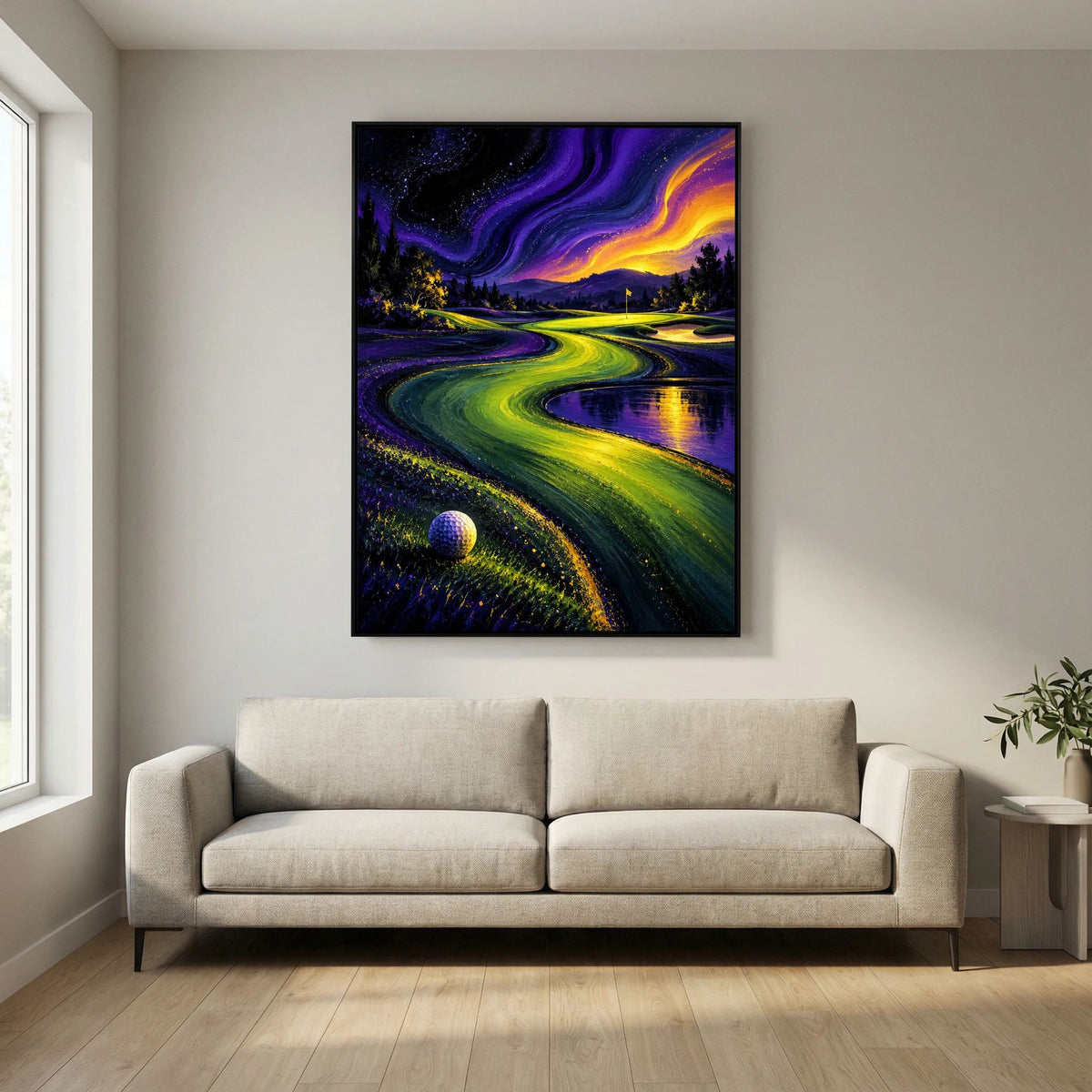 Neon Valley surreal golf landscape art framed canvas in black frame
