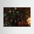 Paradise After Dark — Bird-of-paradise flowers and lush plants beside a glowing lamp, canvas wall art