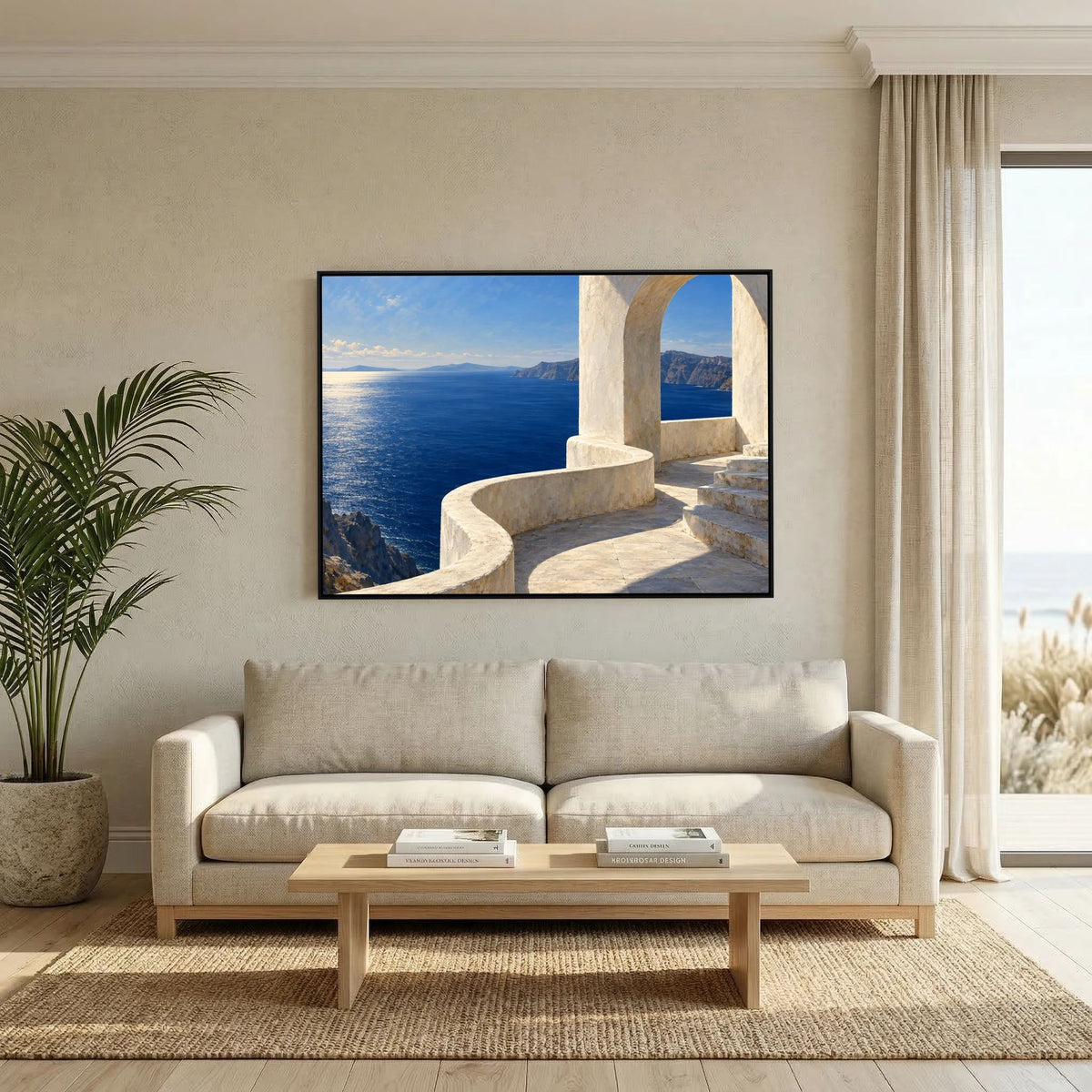 The Sea Terrace — Elfenbeinfarbener Steinbogen und sonnige Terrasse über kobaltblauem Meer