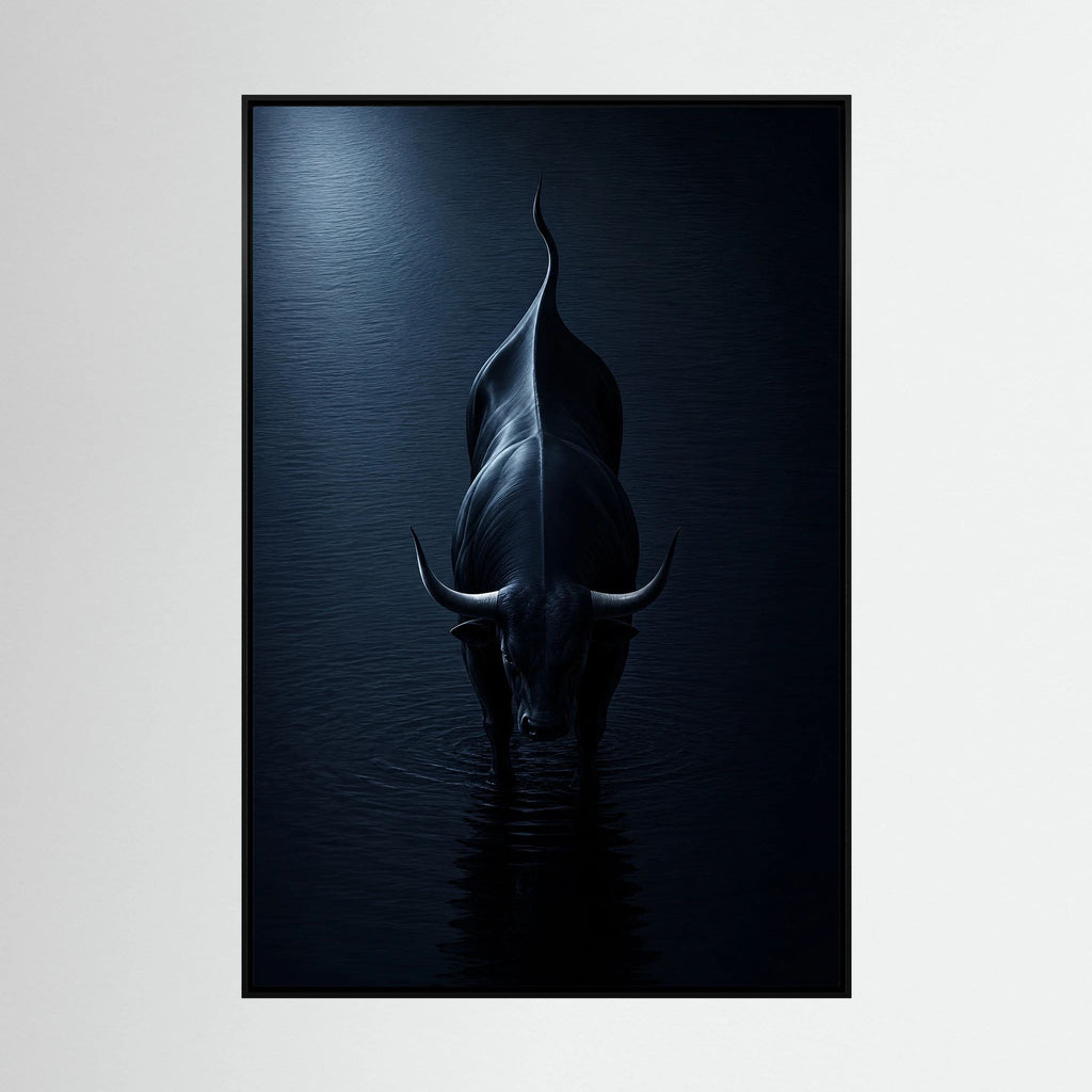 Midnight Bull in Reflective Waters 