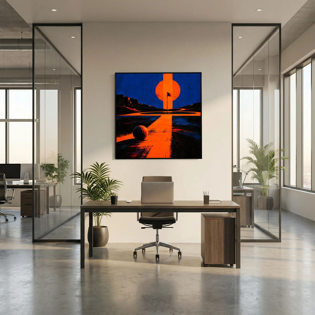 Twilight Approach modern golf wall art framed canvas in black frame