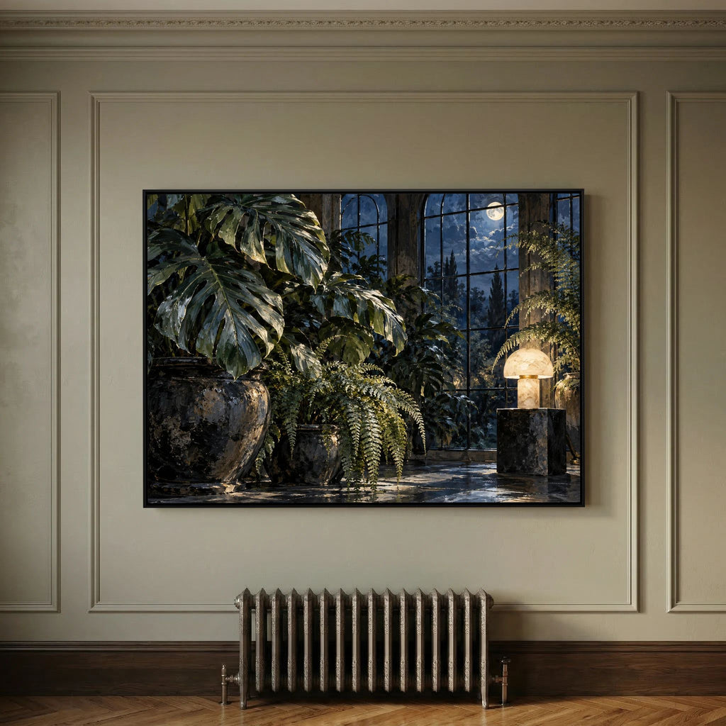 Moonlit Conservatory — Liście monstery i paprocie w oranżerii oświetlonej księżycem i lampą