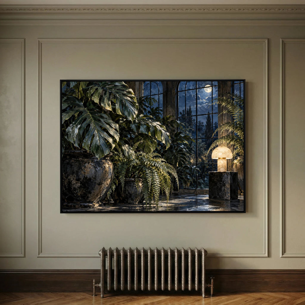 Moonlit Conservatory — Liście monstery i paprocie w oranżerii oświetlonej księżycem i lampą