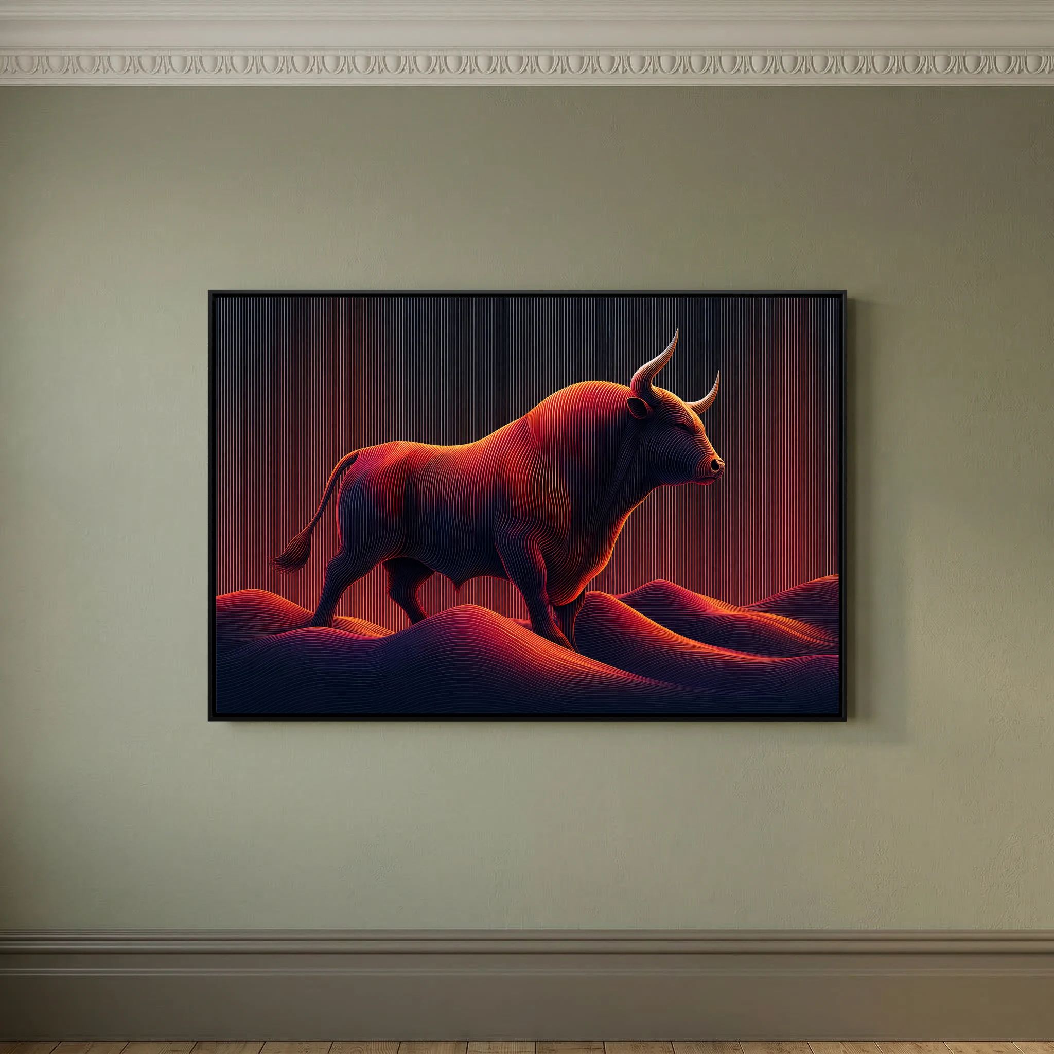 Neon Linework Bull in Flowing Landscape