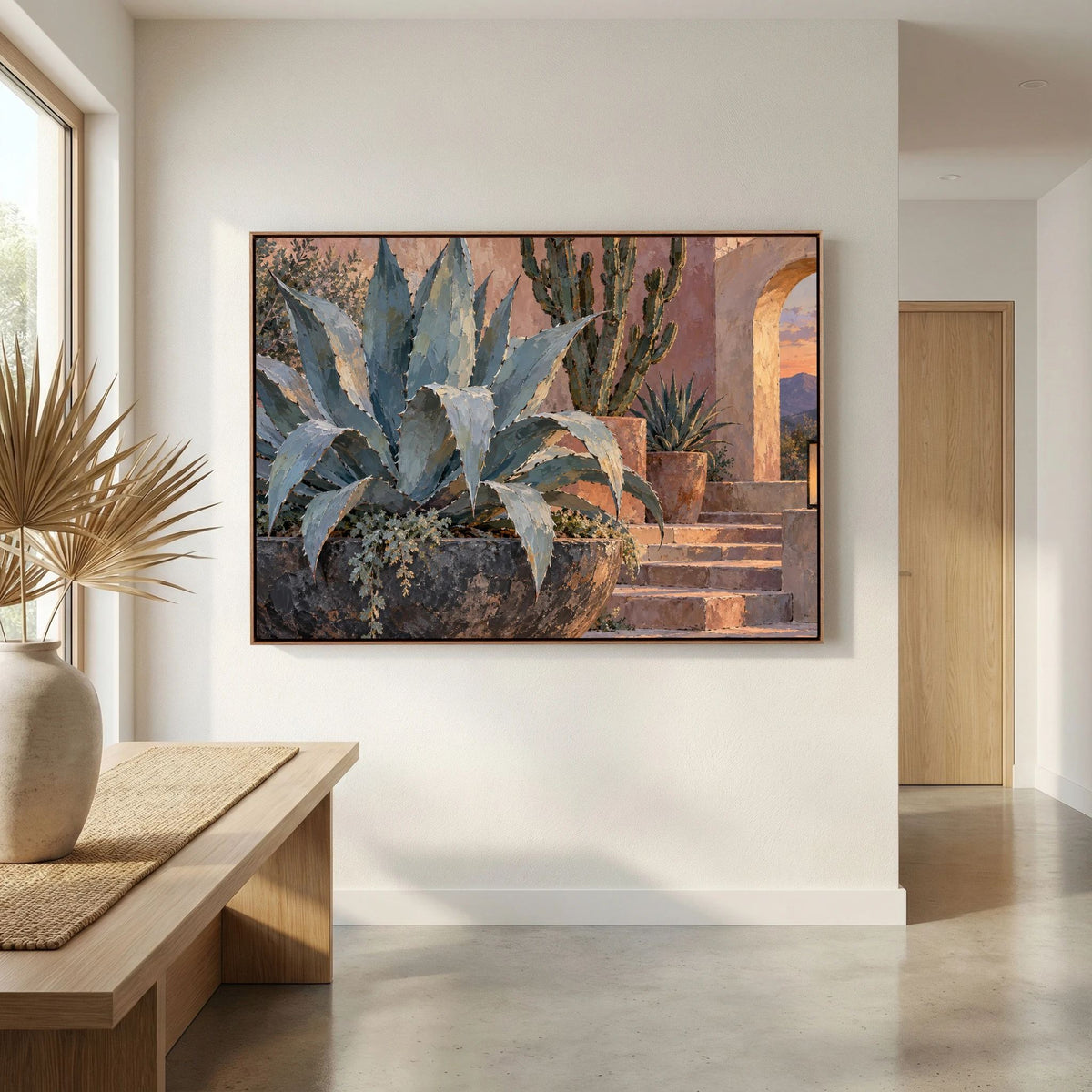 Desert Stillness — Sage agave and tall cacti beside terracotta pots and warm stone steps, canvas wall art