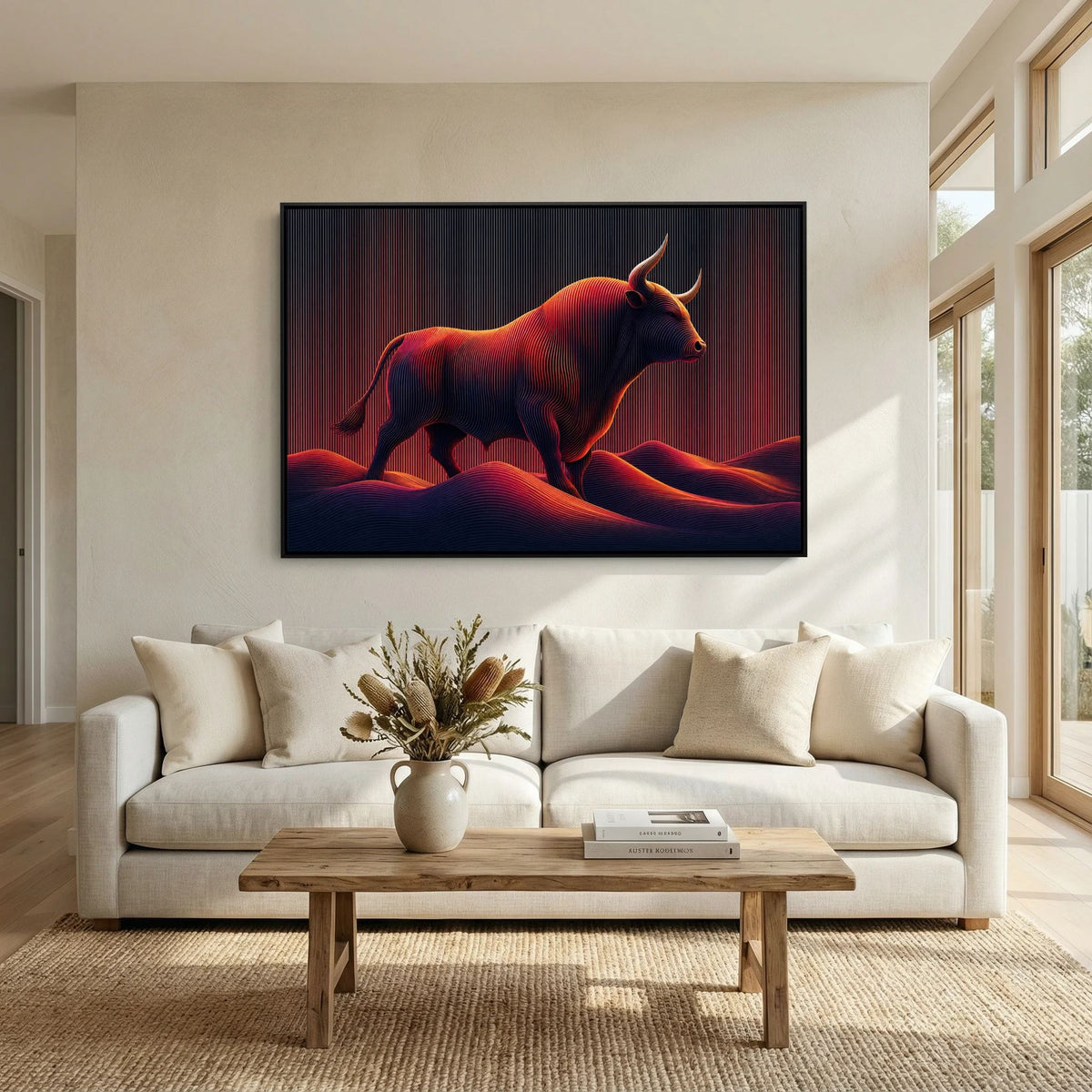 Toro dalle linee neon in un paesaggio fluido