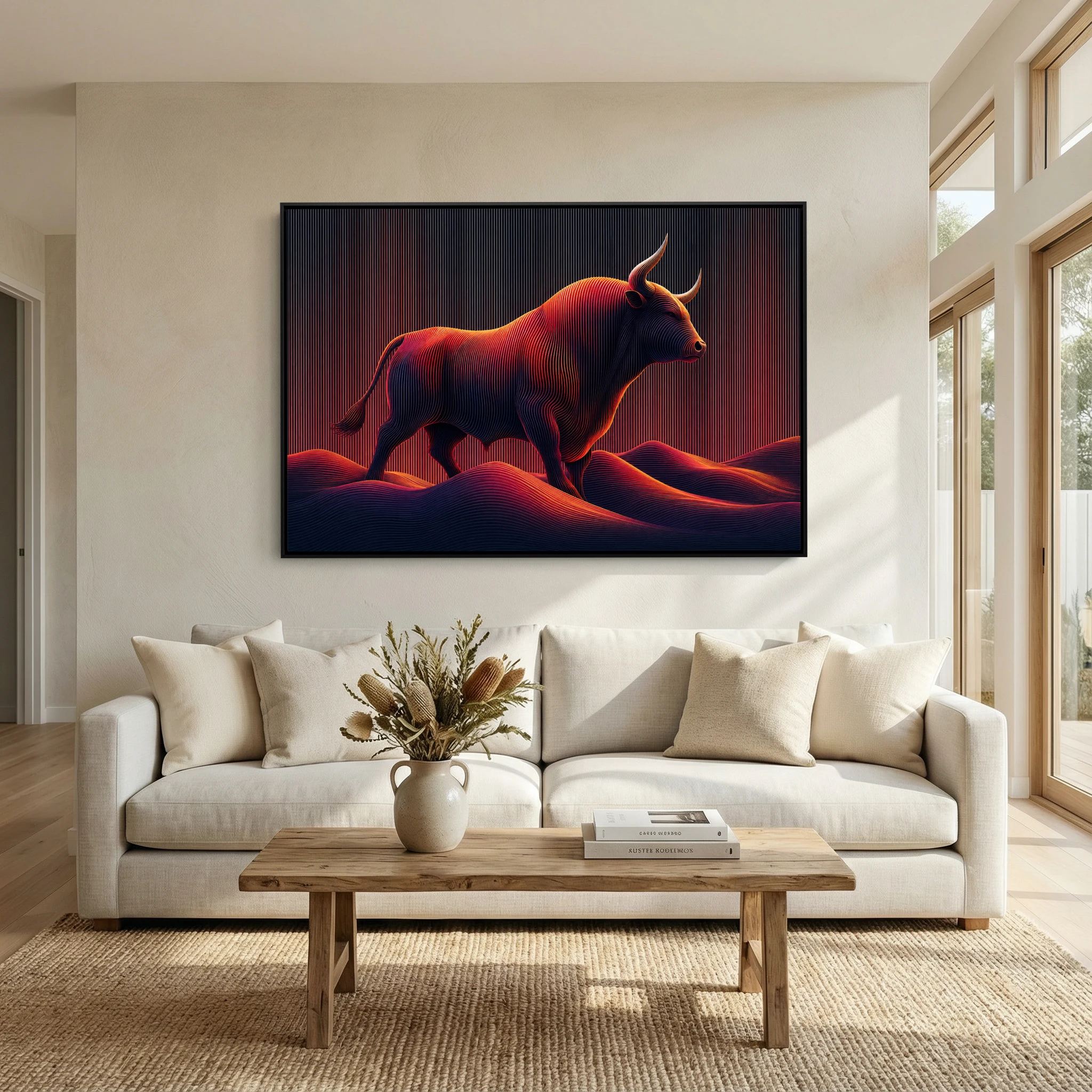 Neon Linework Bull in Flowing Landscape
