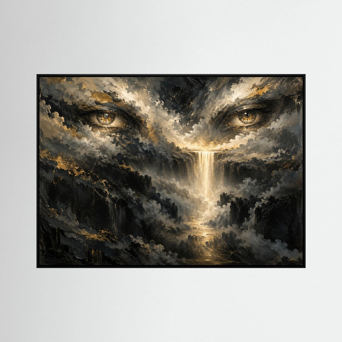 Eyes of God, quadro astratto su tela, cornice a cassetta nera, vista frontale