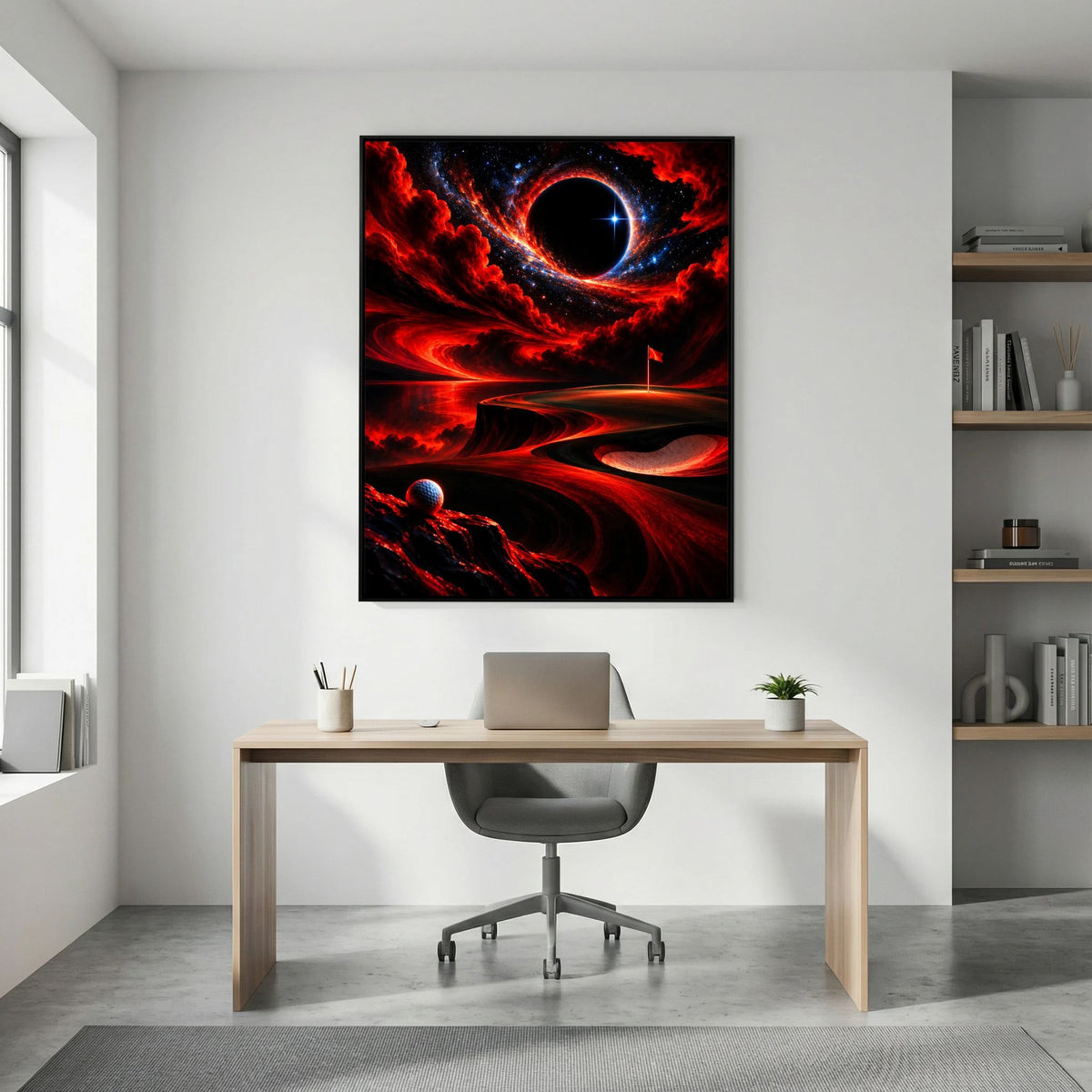 Cosmic Eclipse abstract golf art framed canvas in black frame