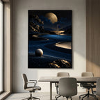 Moonlit Eighteen – dipinto di paesaggio golfistico, tela con cornice nera