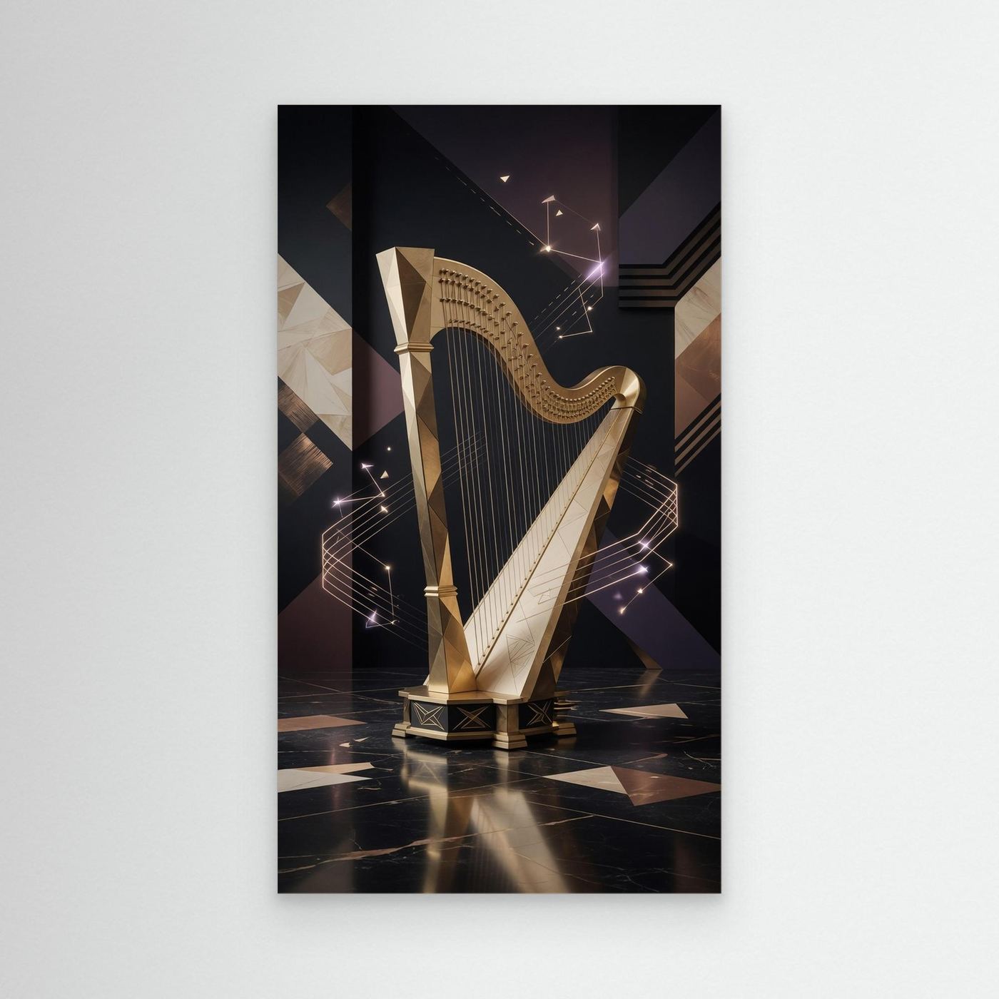 Golden Resonance – Geometric Harp Wall Art
