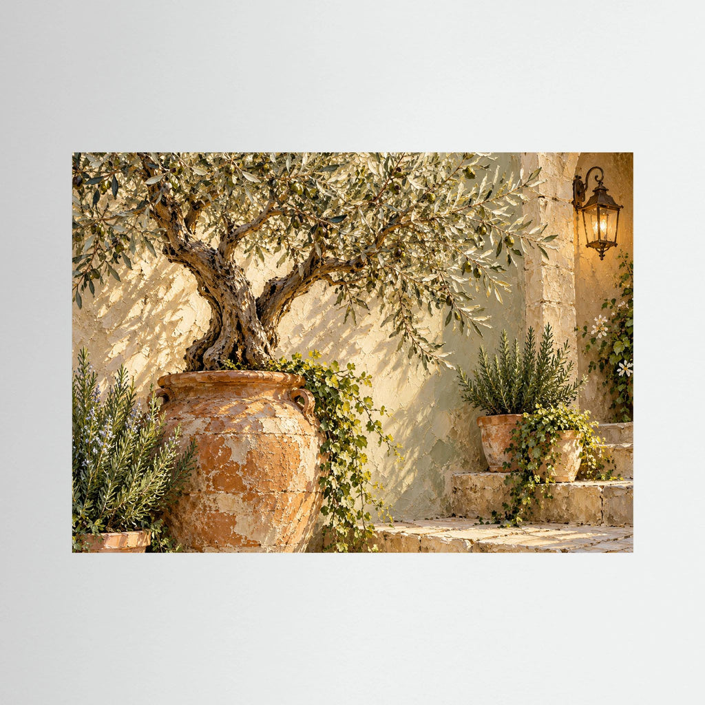 The Olive Courtyard — Drzewo oliwne w terakotowej donicy obok kamiennych schodów i latarni