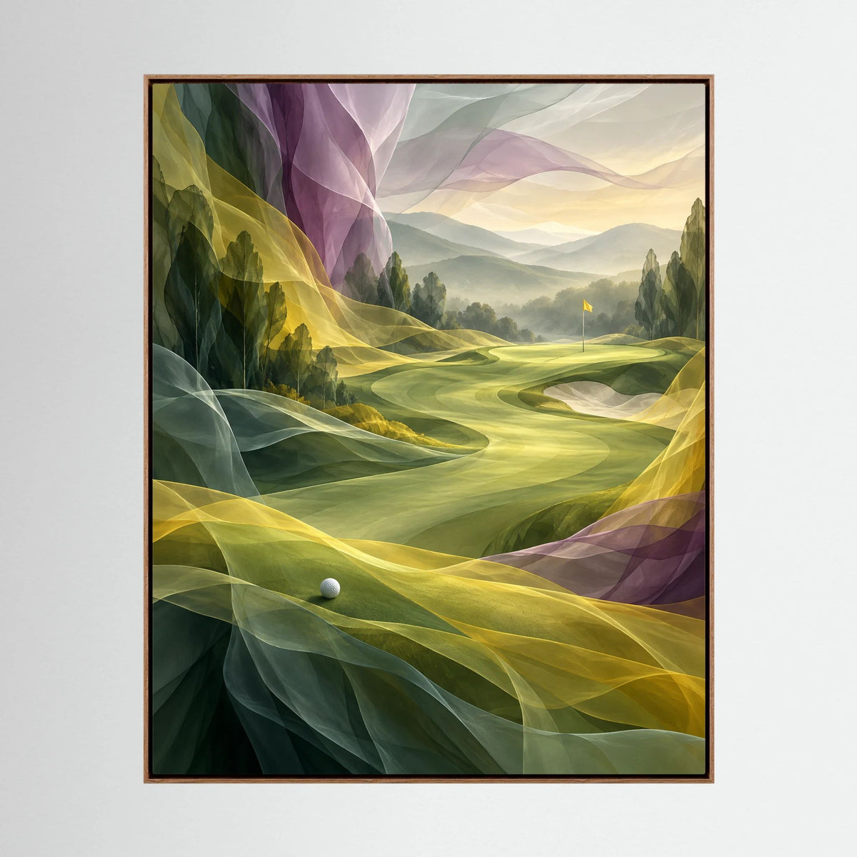 Silken Fairway, dipinto astratto di paesaggio golfistico in salvia, crema, antracite e oro tenue