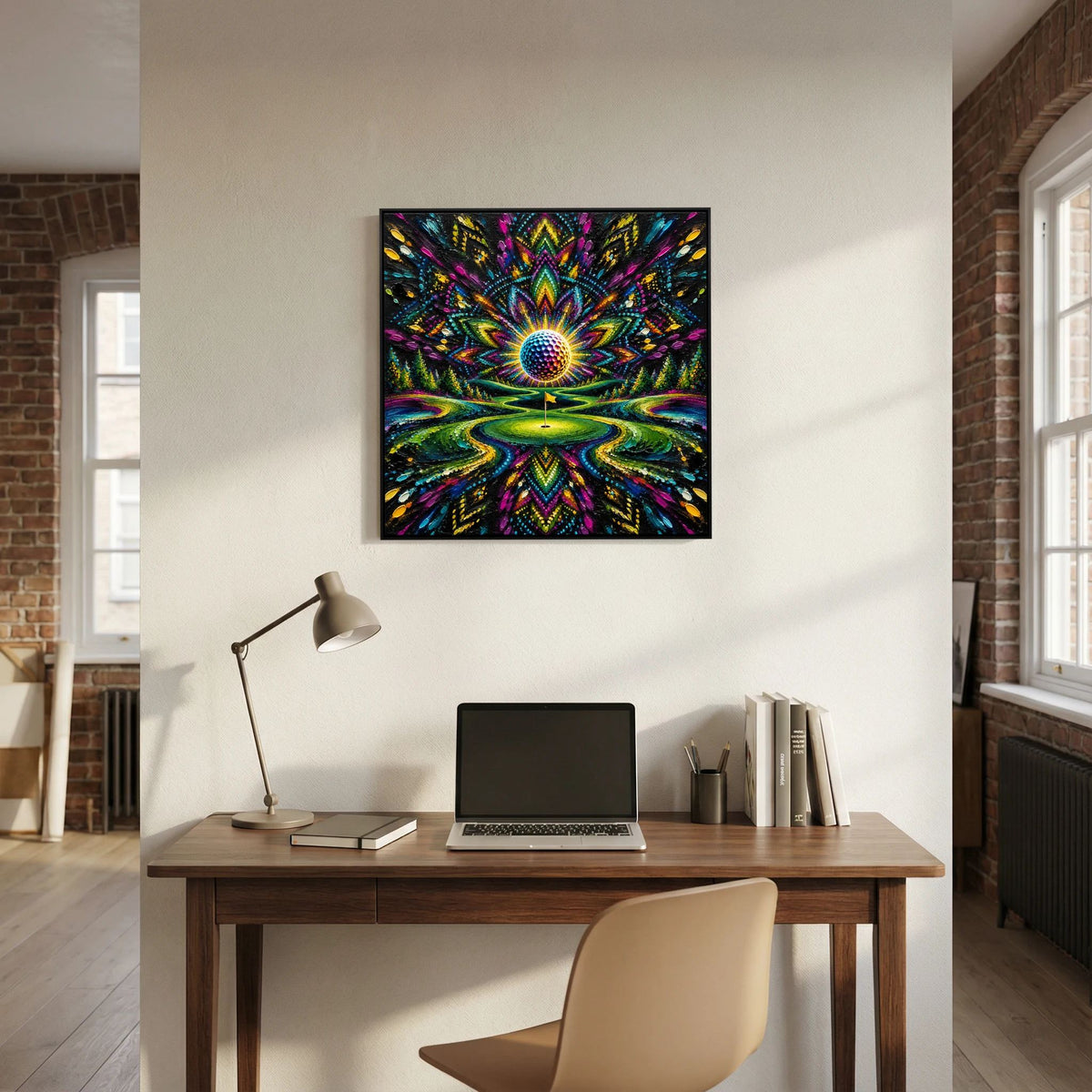 Radiant Links psychedelic golf art framed canvas in black frame