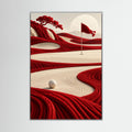 Crimson Course surreal golf art with flowing red fairway ribbons and dark sculptural landscape