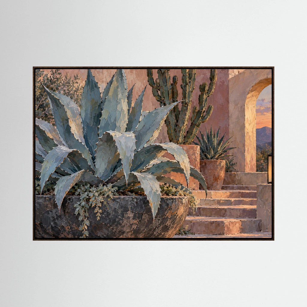 Desert Stillness — Sage agave and tall cacti beside terracotta pots and warm stone steps, canvas wall art