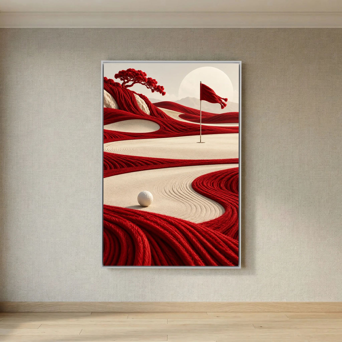 Crimson Course surreal golf art framed canvas in white frame