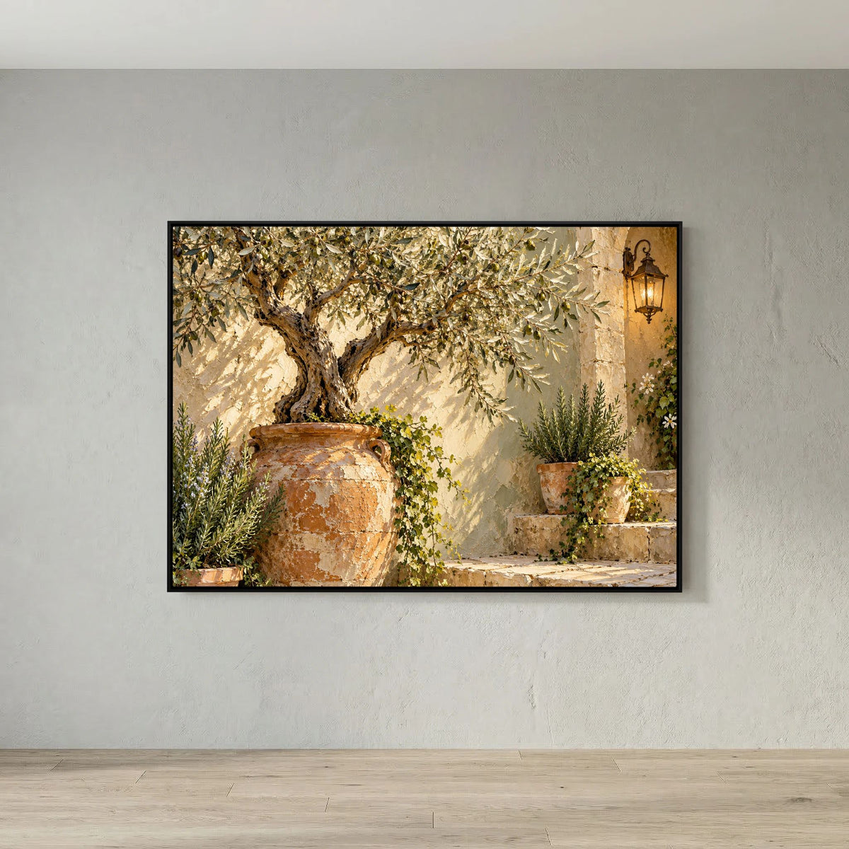 The Olive Courtyard — Drzewo oliwne w terakotowej donicy obok kamiennych schodów i latarni