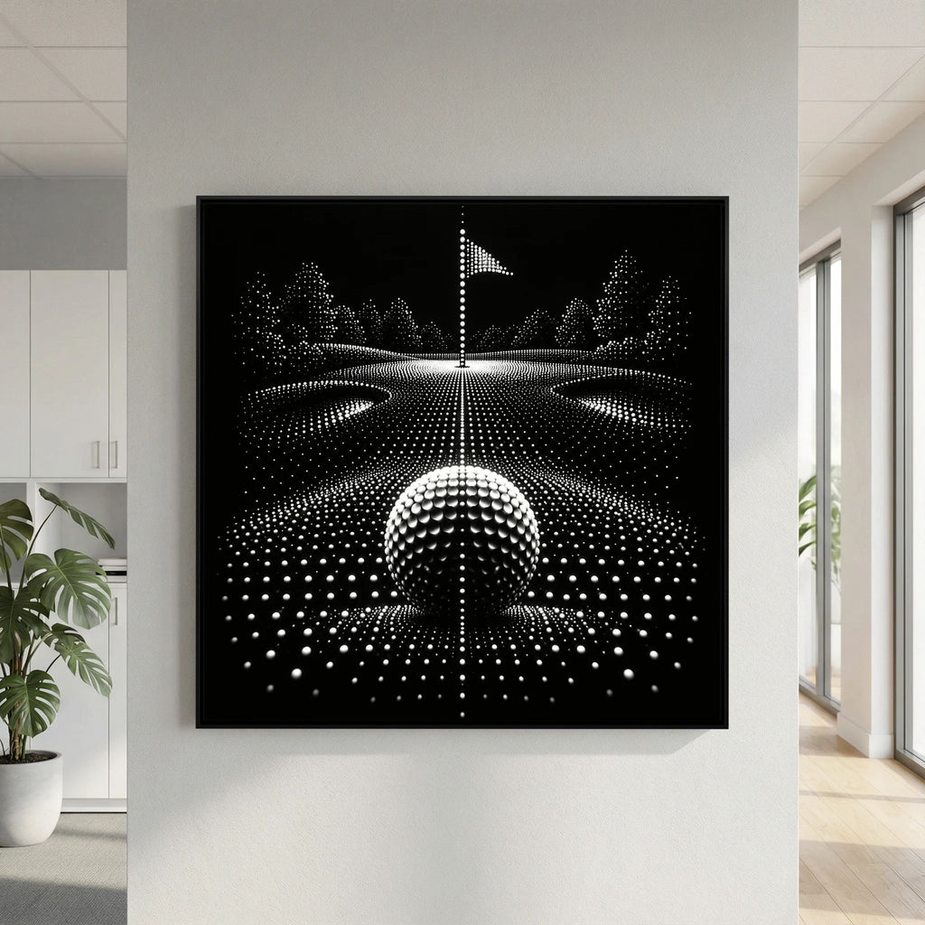 Dotted Fairway minimalist golf art framed canvas in black frame