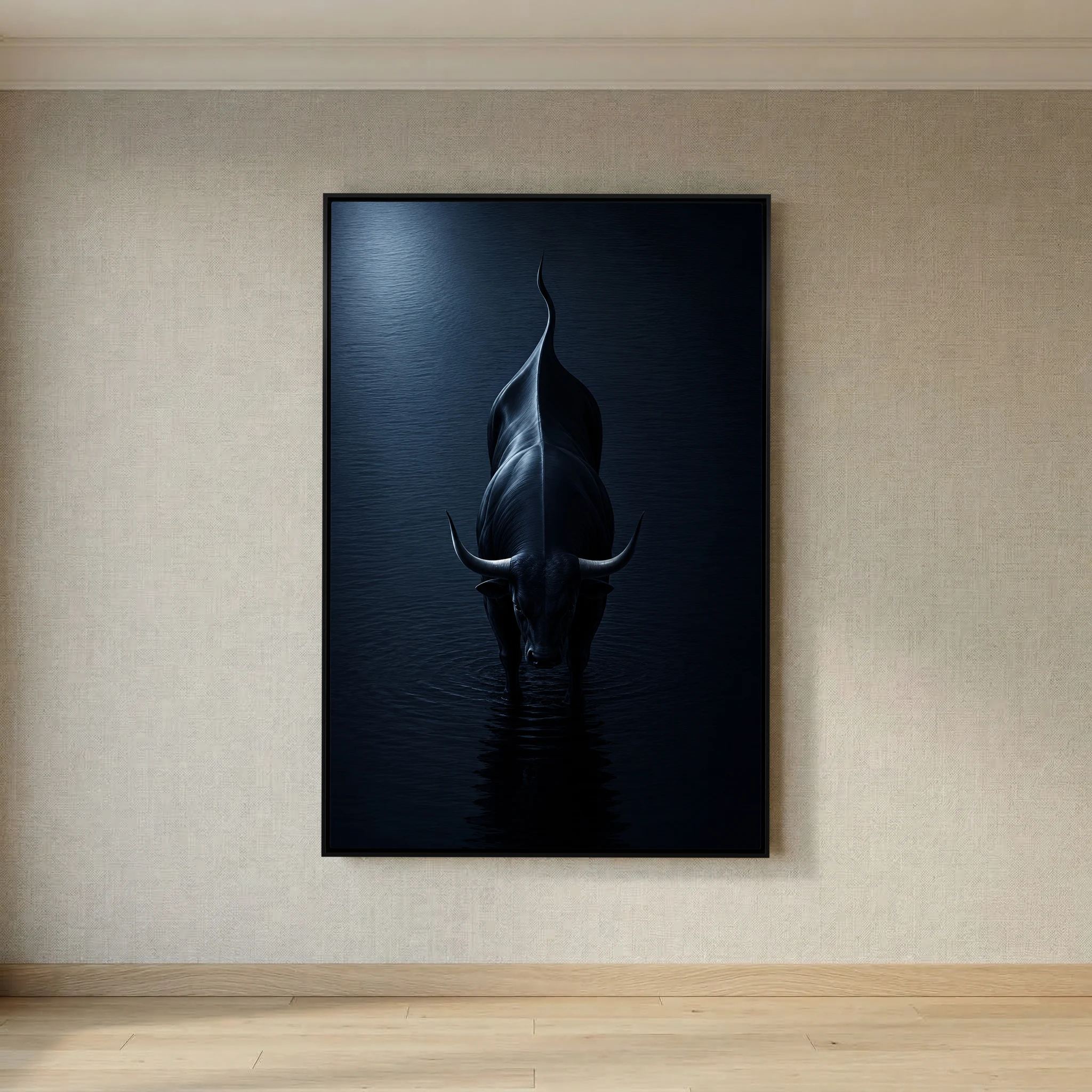 Midnight Bull in Reflective Waters 