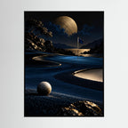 Moonlit Eighteen – dipinto di paesaggio golfistico, fairway scuro sotto una grande luna dorata
