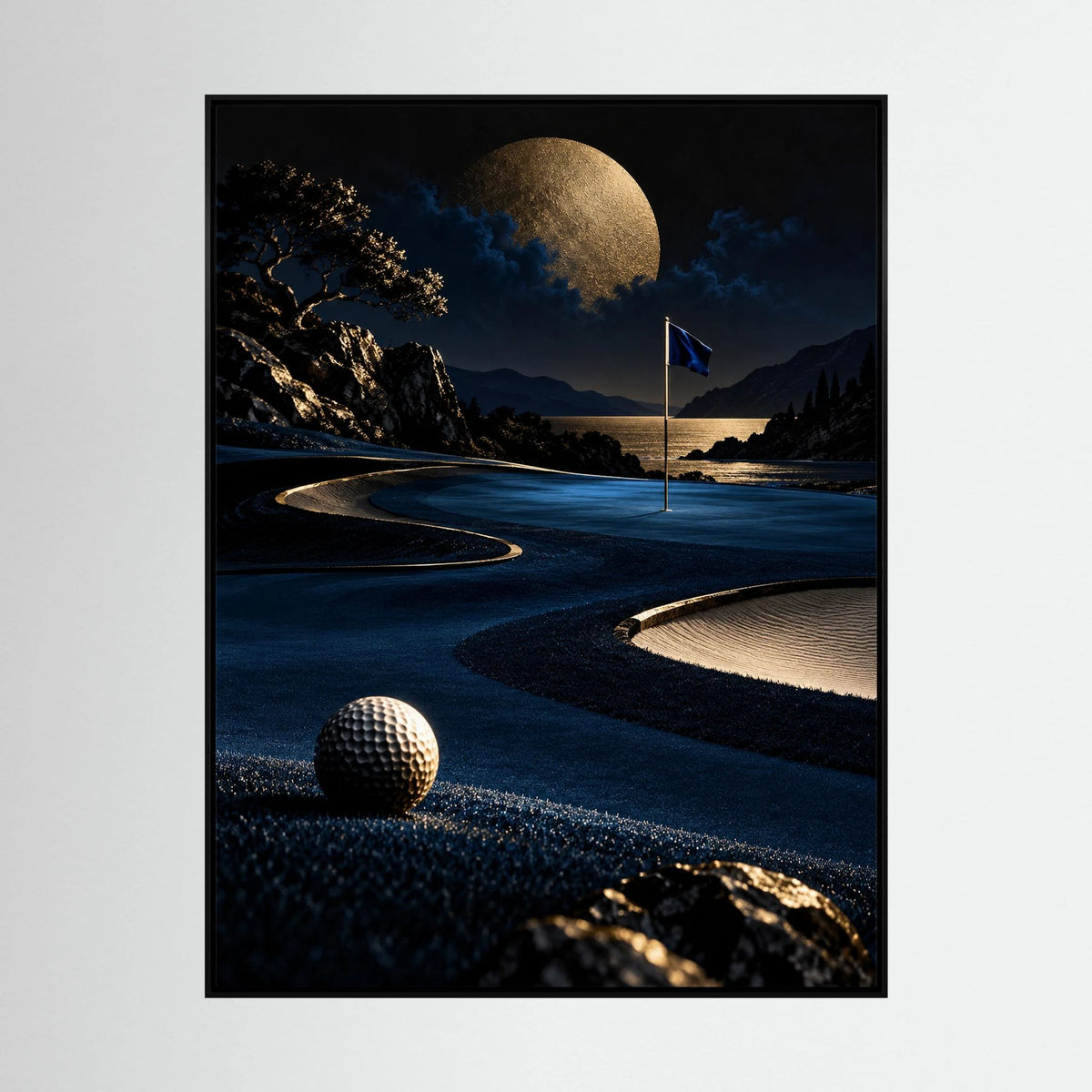 Moonlit Eighteen, dipinto scuro di paesaggio golfistico con luna dorata per ufficio o studio