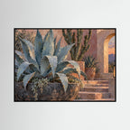 Desert Stillness — Sage agave and tall cacti beside terracotta pots and warm stone steps, canvas wall art