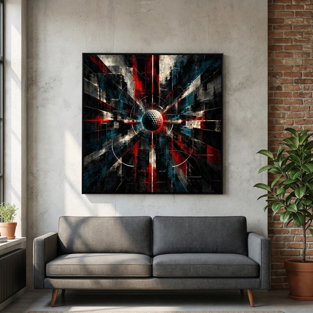 Cybernetic Core modern golf art framed canvas in white frame