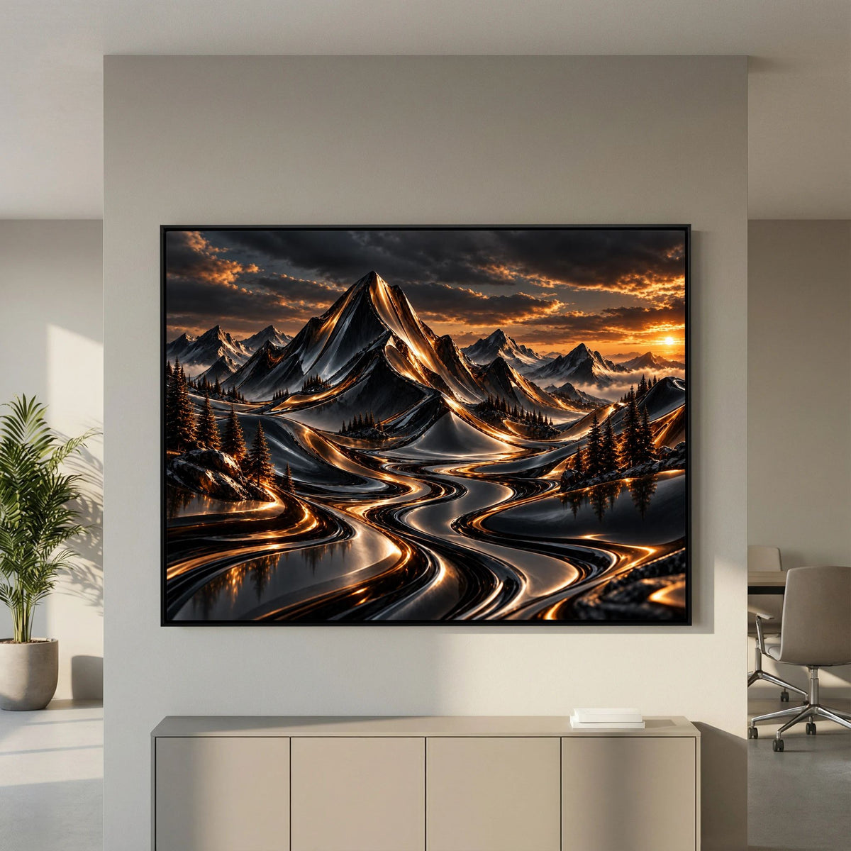 Golden Descent – Mountain Sunset Painting.
