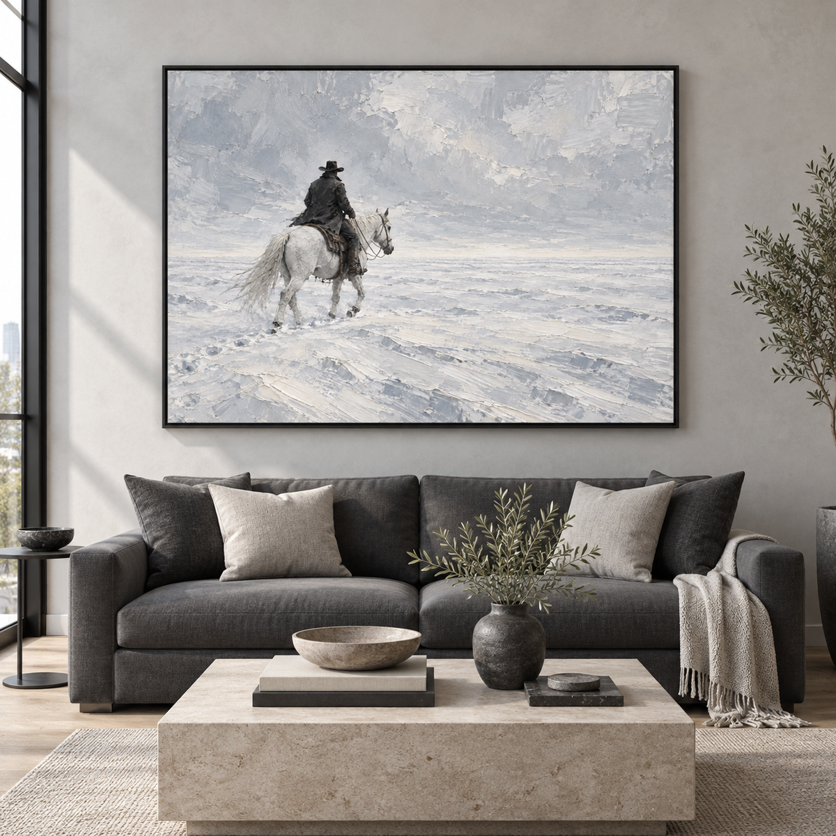 No Man's Land: cowboy on a white horse crossing open snow plains, black frame room mockup