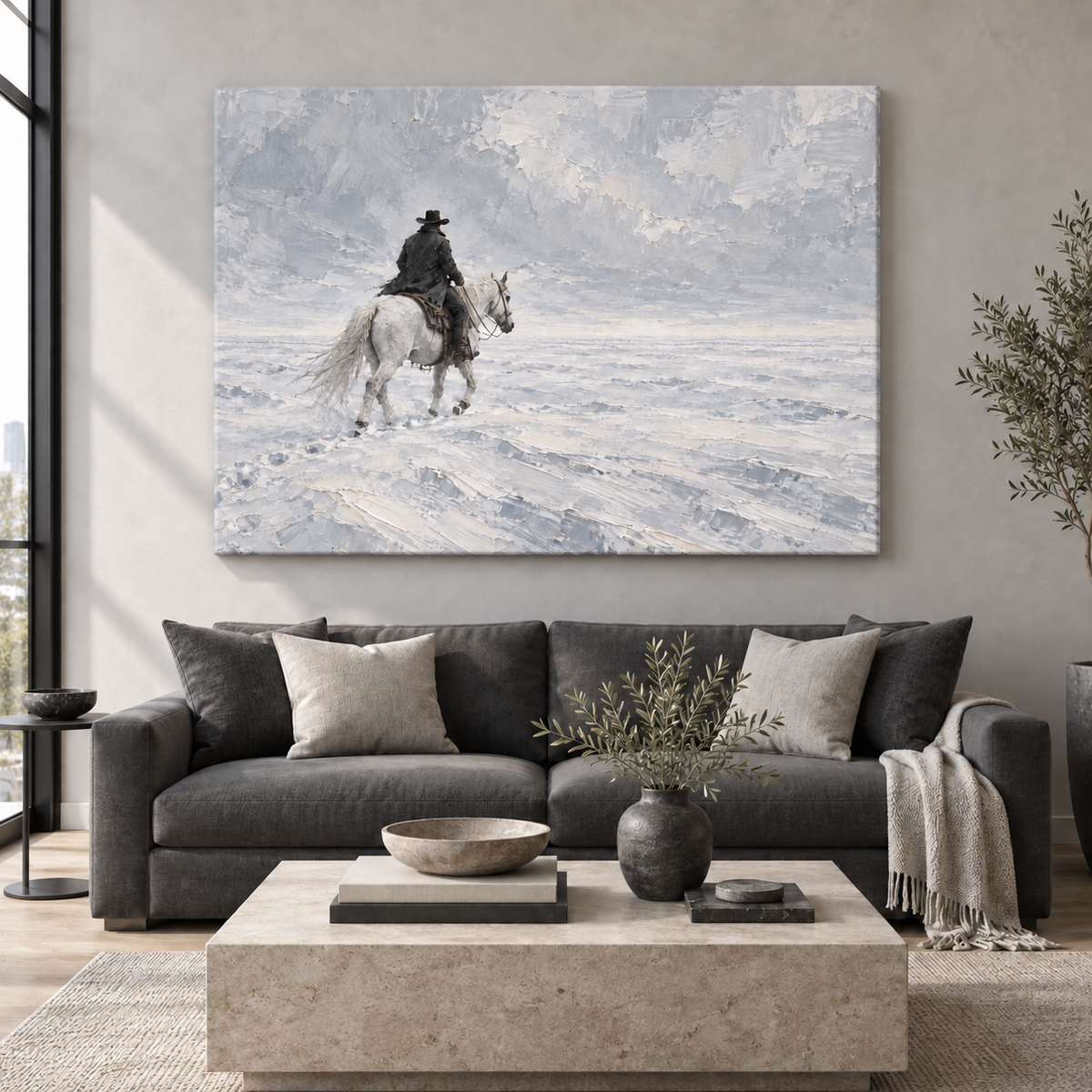 No Man's Land: cowboy on a white horse crossing open snow plains, stretched frameless room mockup
