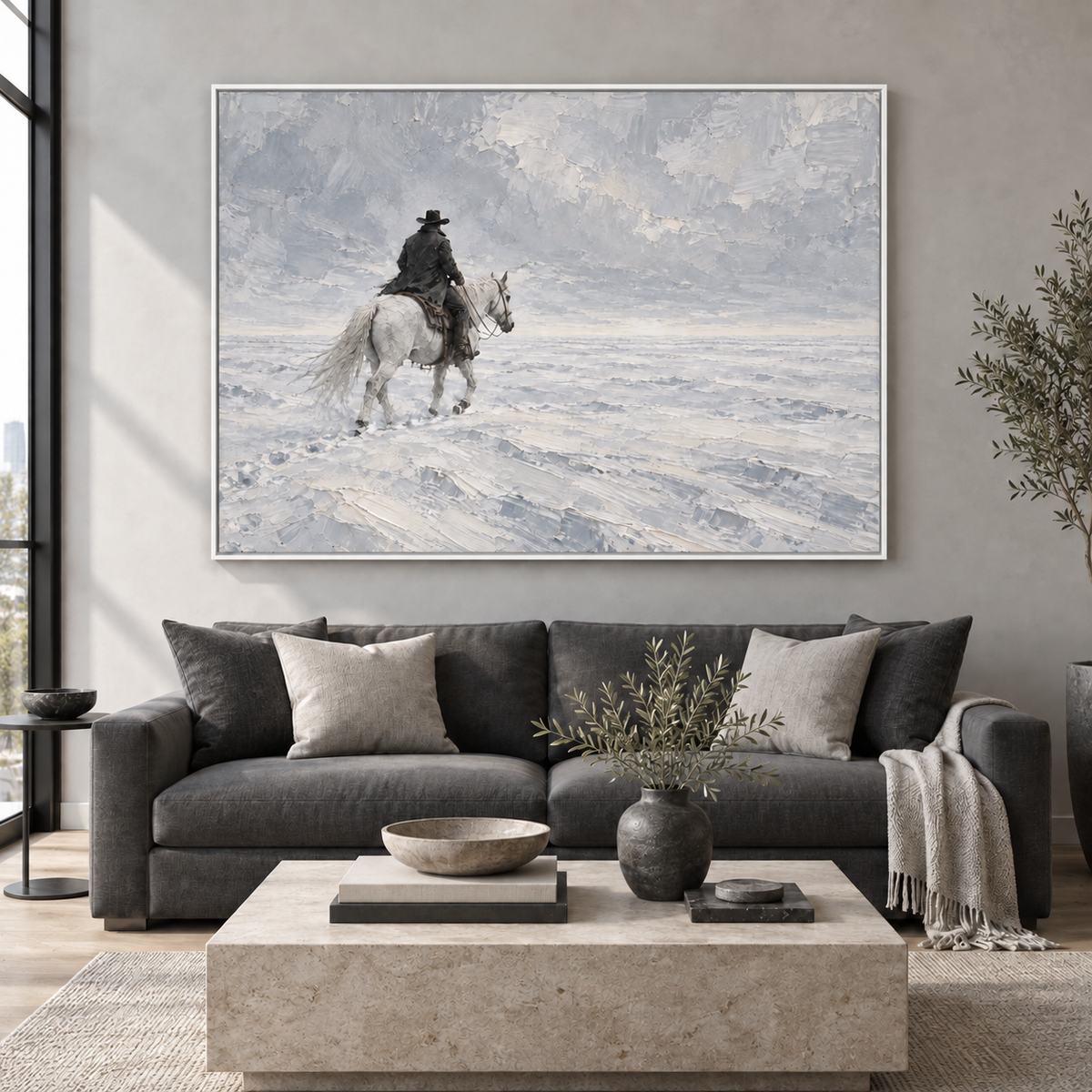 No Man's Land: cowboy on a white horse crossing open snow plains, white frame room mockup