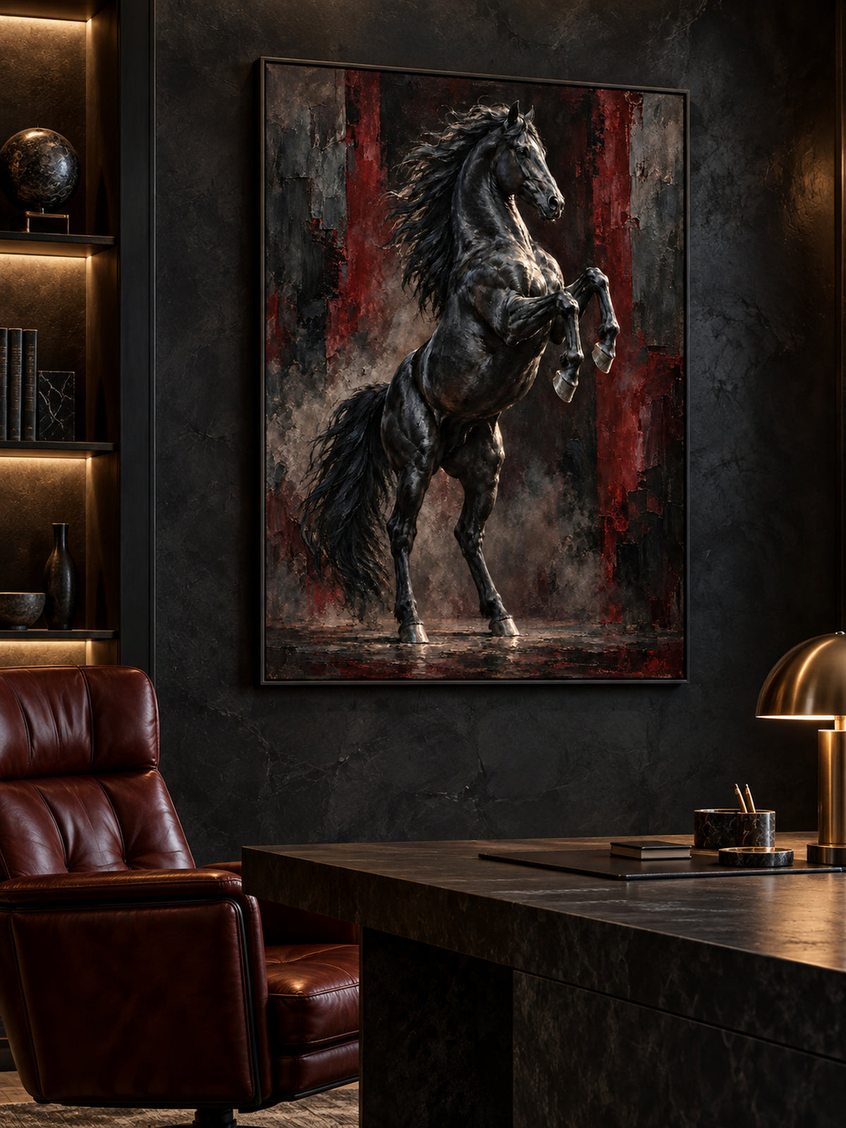 rearing black stallion wall art with burgundy tones shown in a black frame in a modern interior
