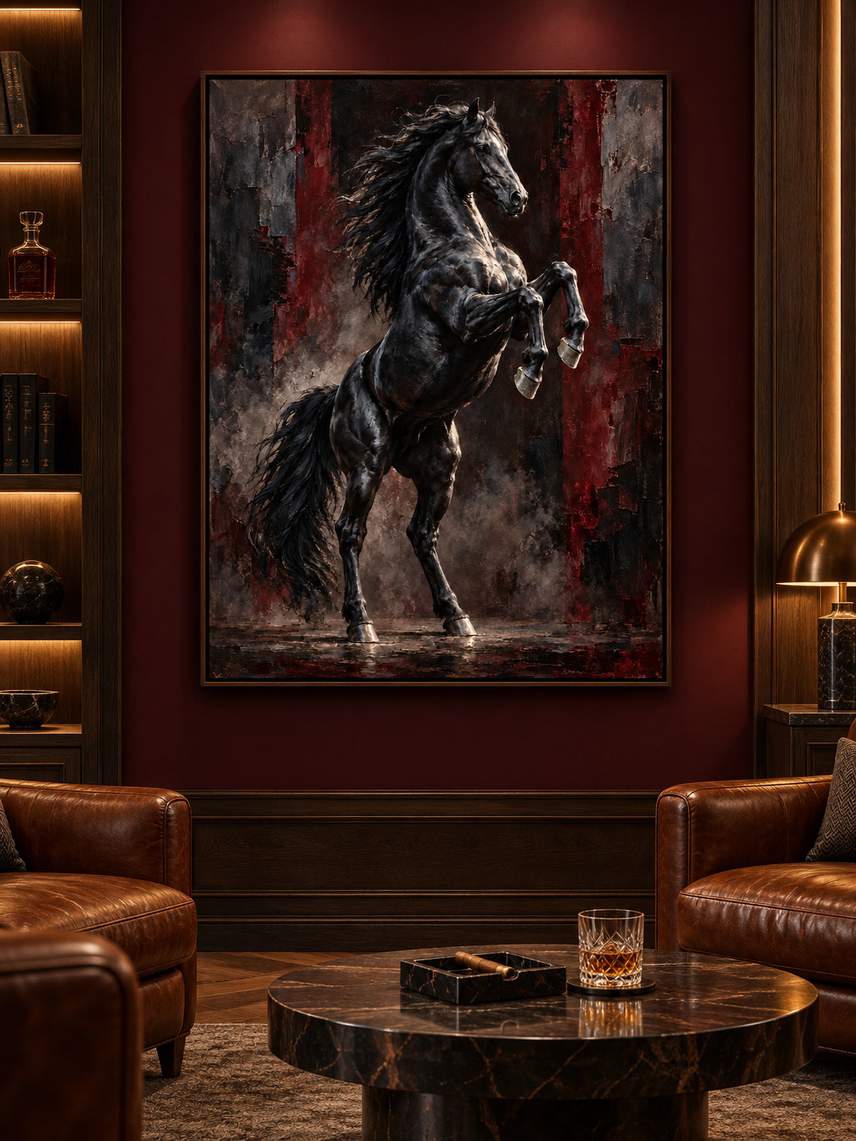 rearing black stallion wall art with burgundy tones shown in a dark oak frame in a modern interior