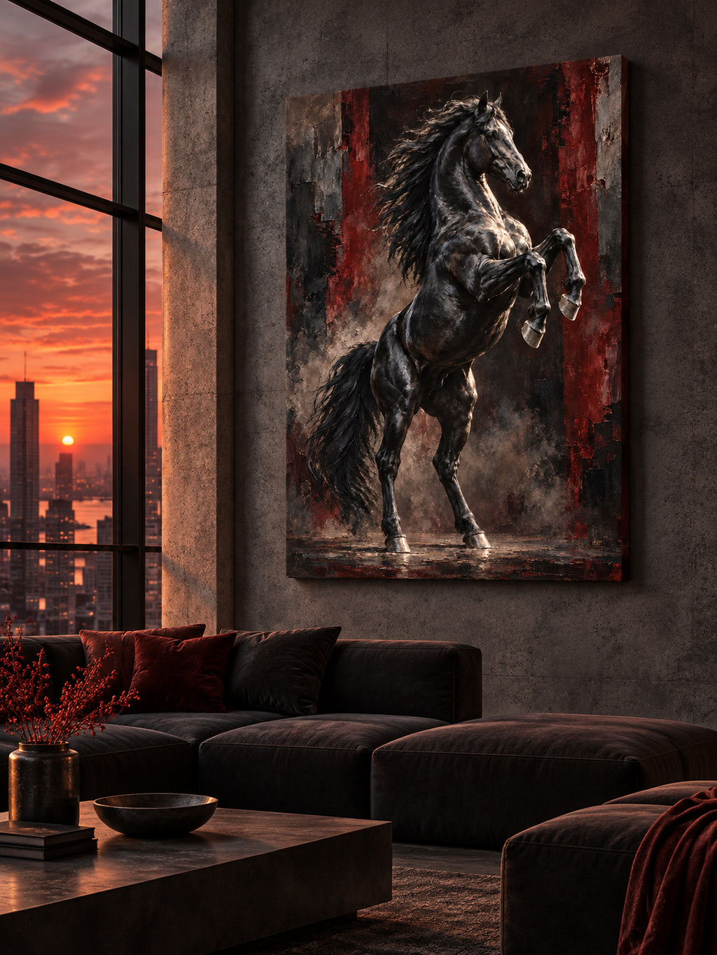 rearing black stallion wall art with burgundy tones shown as an unframed canvas in a modern interior
