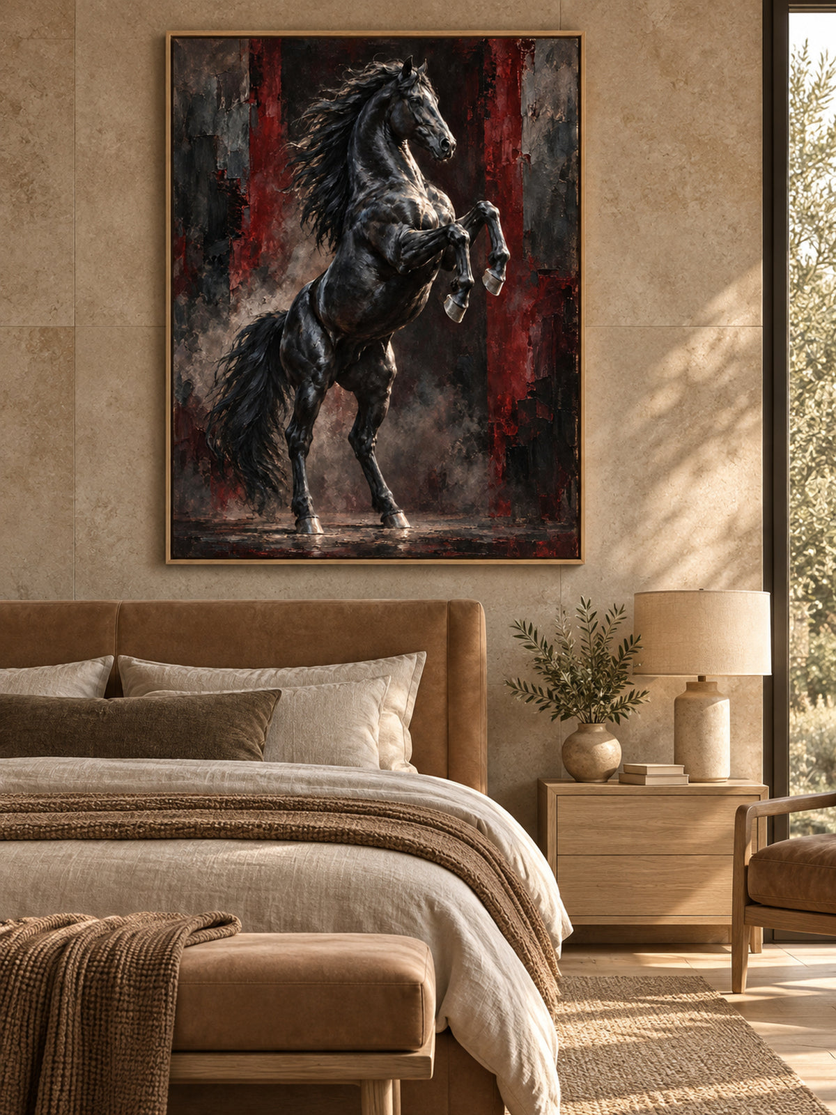 rearing black stallion wall art with burgundy tones shown in a oak frame in a modern interior