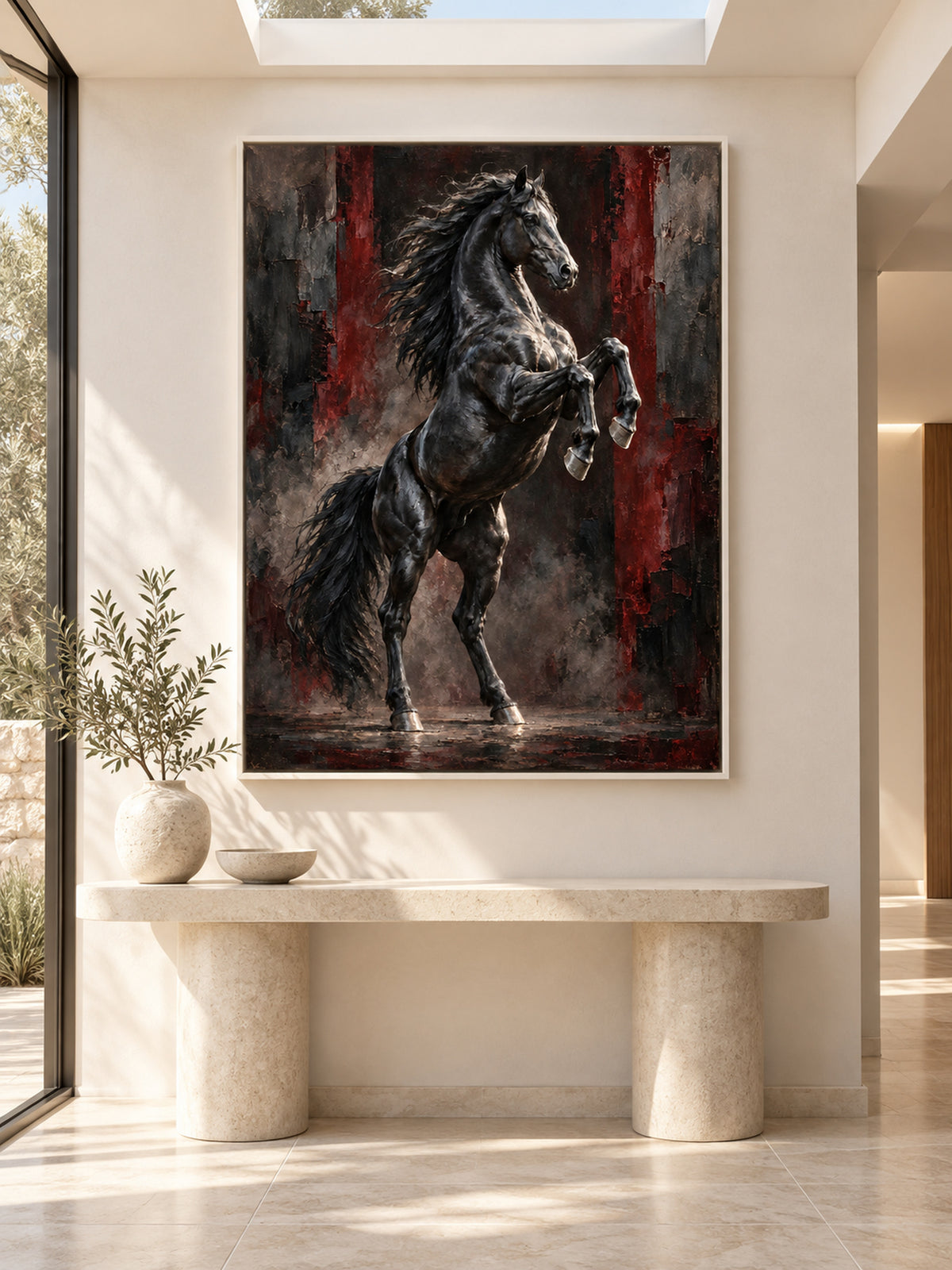 rearing black stallion wall art with burgundy tones shown in a white frame in a modern interior