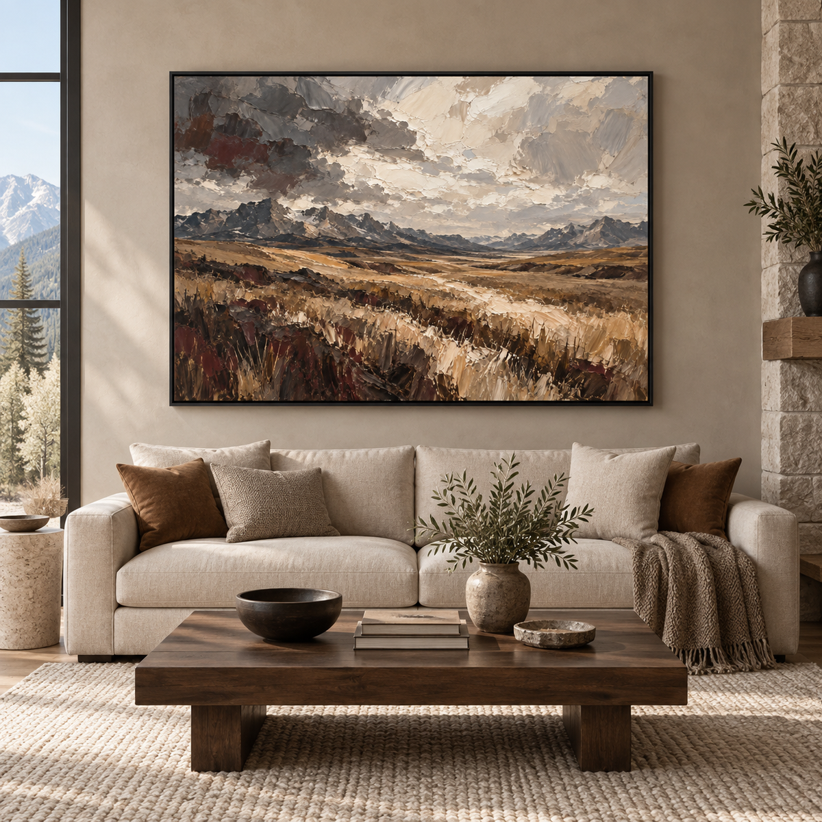 Open Territory: open prairie and distant mountains beneath a cloud-filled sky, black frame room mockup