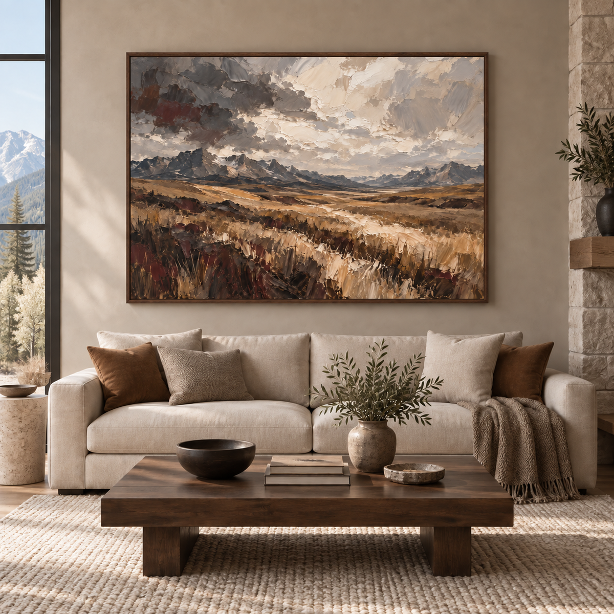 Open Territory: open prairie and distant mountains beneath a cloud-filled sky, dark oak frame room mockup