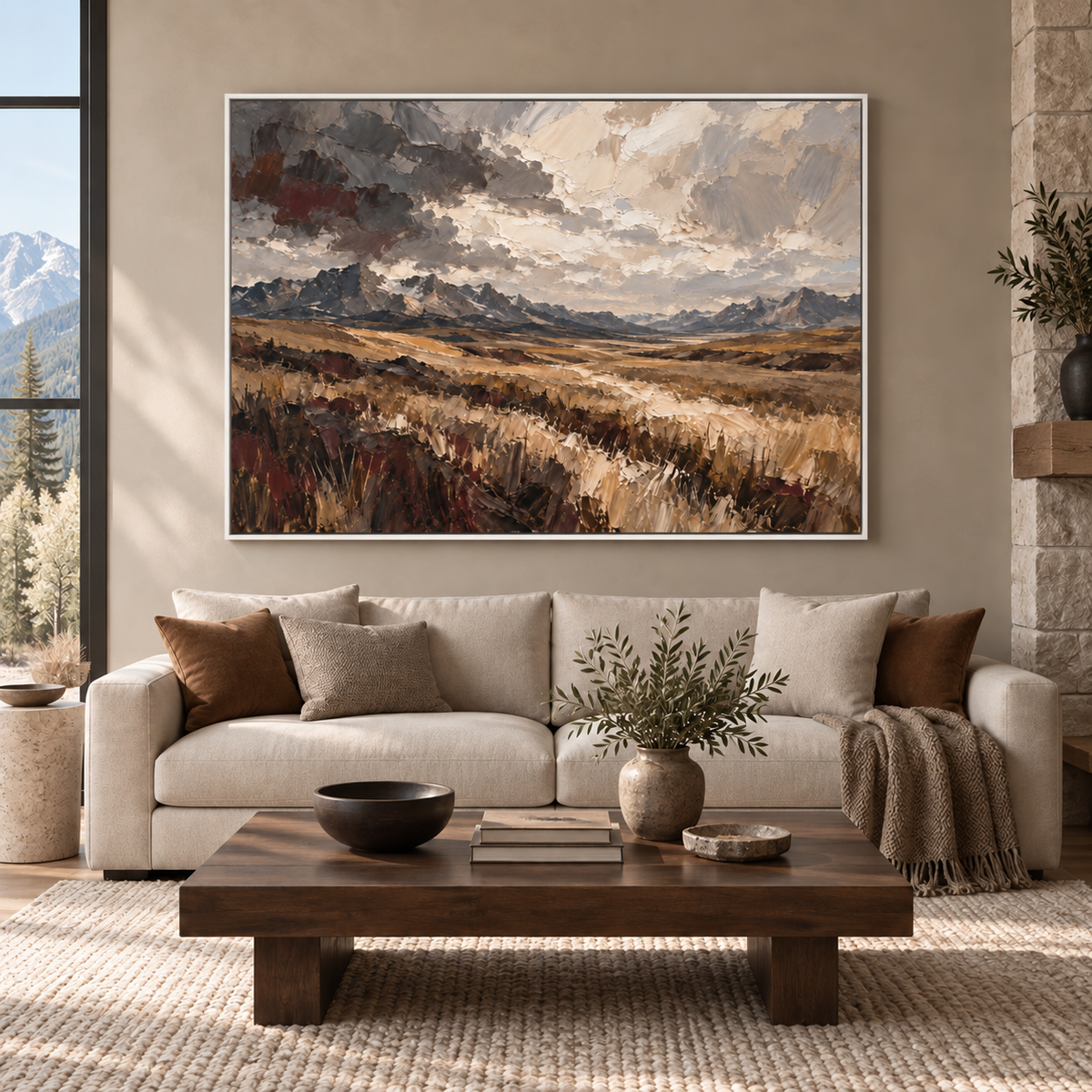 Open Territory: open prairie and distant mountains beneath a cloud-filled sky, white frame room mockup