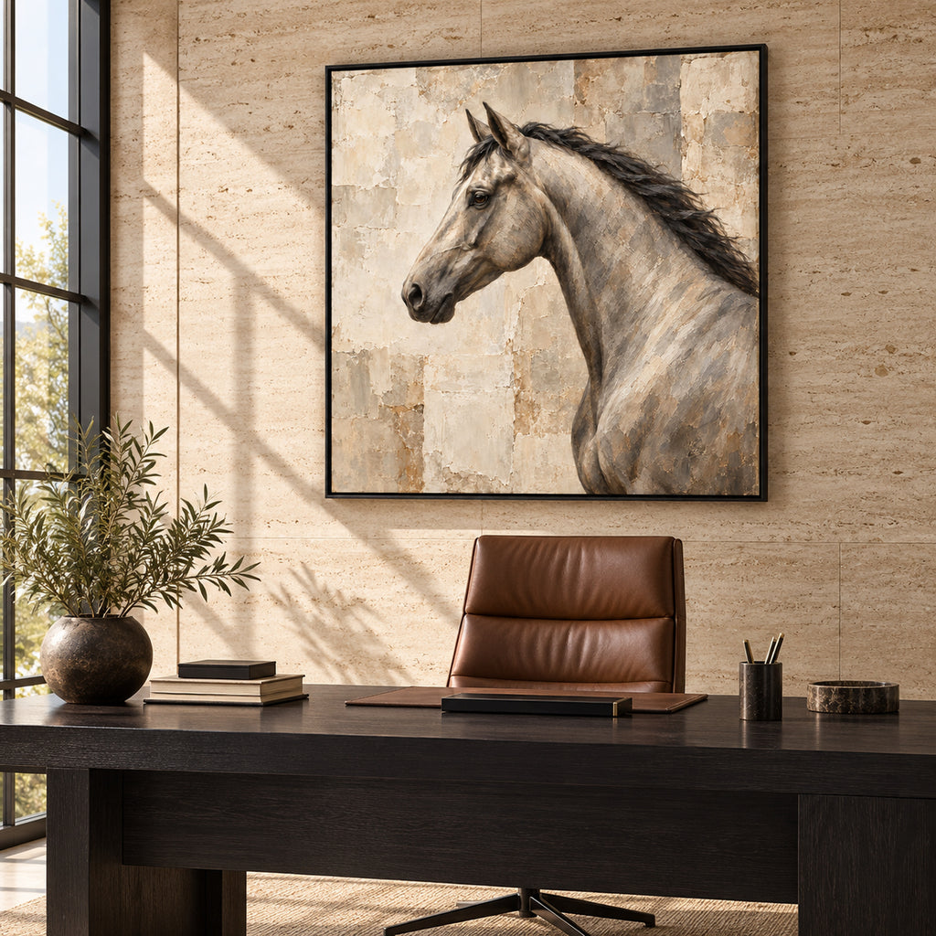 neutral horse portrait wall art in warm stone tones shown in a black frame in a modern interior
