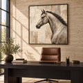 neutral horse portrait wall art in warm stone tones shown in a black frame in a modern interior