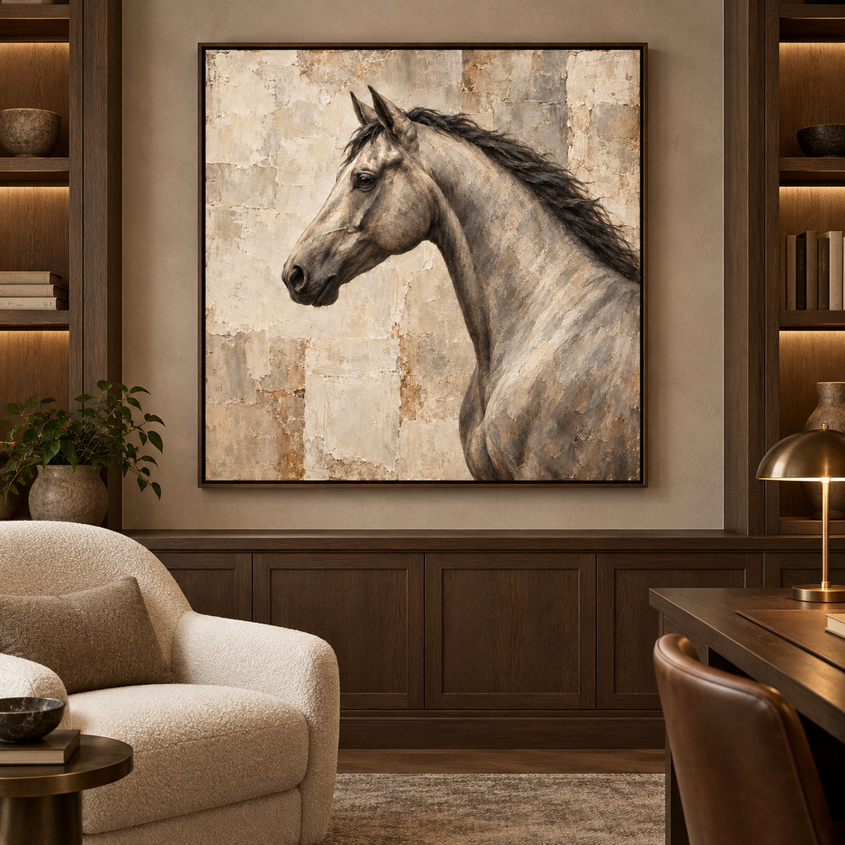 neutral horse portrait wall art in warm stone tones shown in a dark oak frame in a modern interior