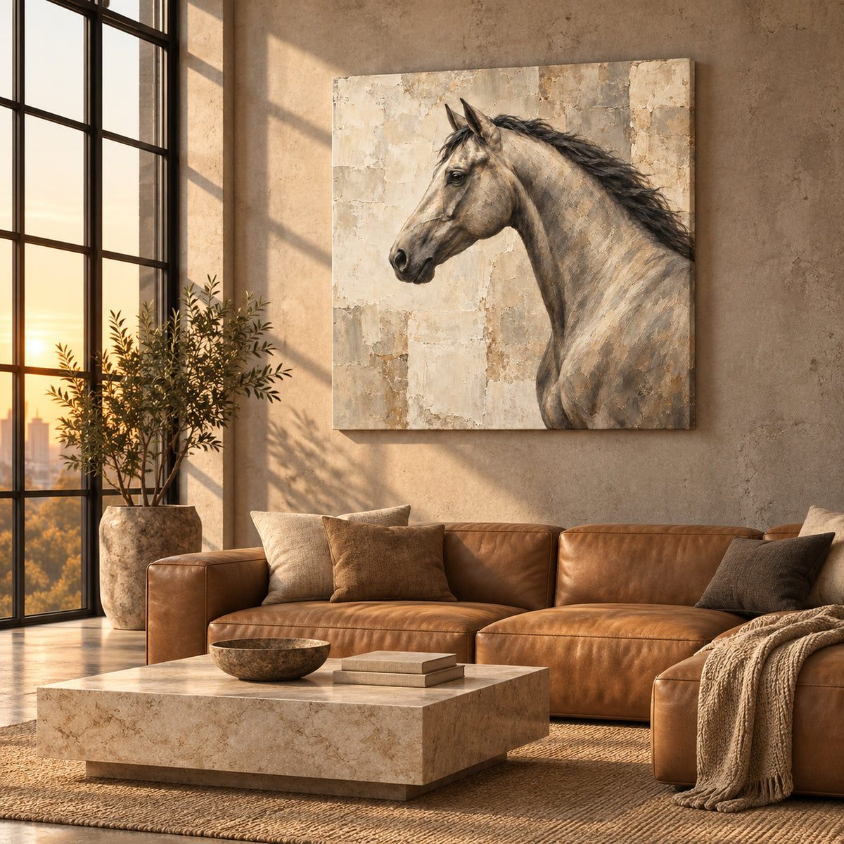 neutral horse portrait wall art in warm stone tones shown as an unframed canvas in a modern interior