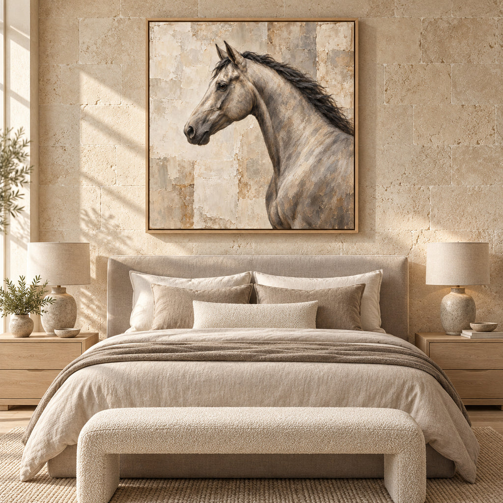 neutral horse portrait wall art in warm stone tones shown in a oak frame in a modern interior