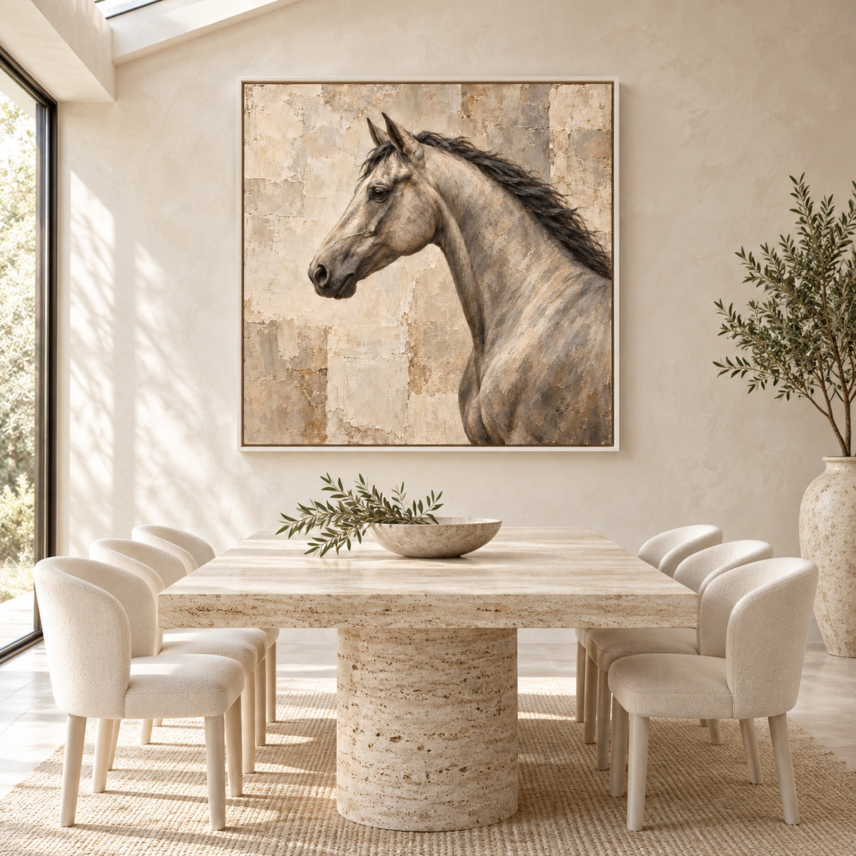 neutral horse portrait wall art in warm stone tones shown in a white frame in a modern interior