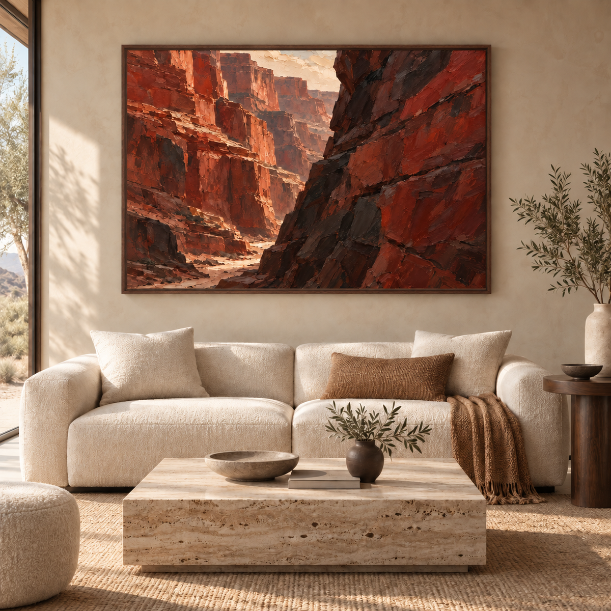 Red Canyon: rust-red canyon cliffs with deep charcoal shadows, dark oak frame room mockup