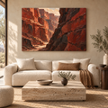 Red Canyon: rust-red canyon cliffs with deep charcoal shadows, stretched frameless room mockup